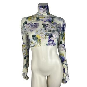 Off-White Floral Print Chine Second Skin Crop Top Long Sleeve High Neck Virgil